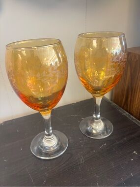 Amber Etched Wine Glasses - Set of 2